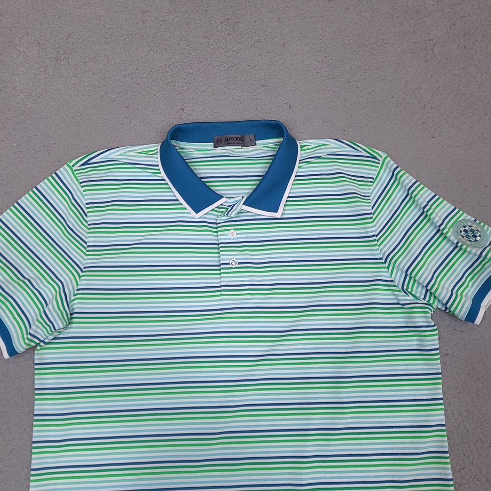 G/FORE Golf Polo Shirt Mens Large Green Blue Striped Performance Midlothian CC‎